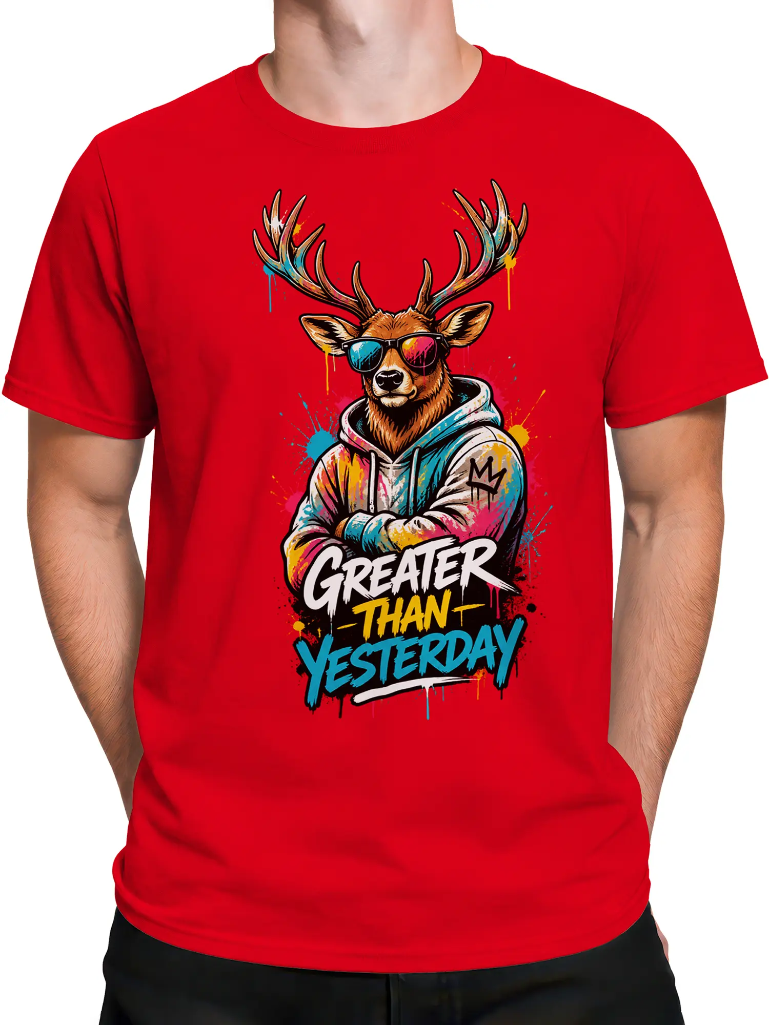 Male torso wearing a red deer graphic T-shirt with sunglasses, hoodie details, and bold motivational lettering