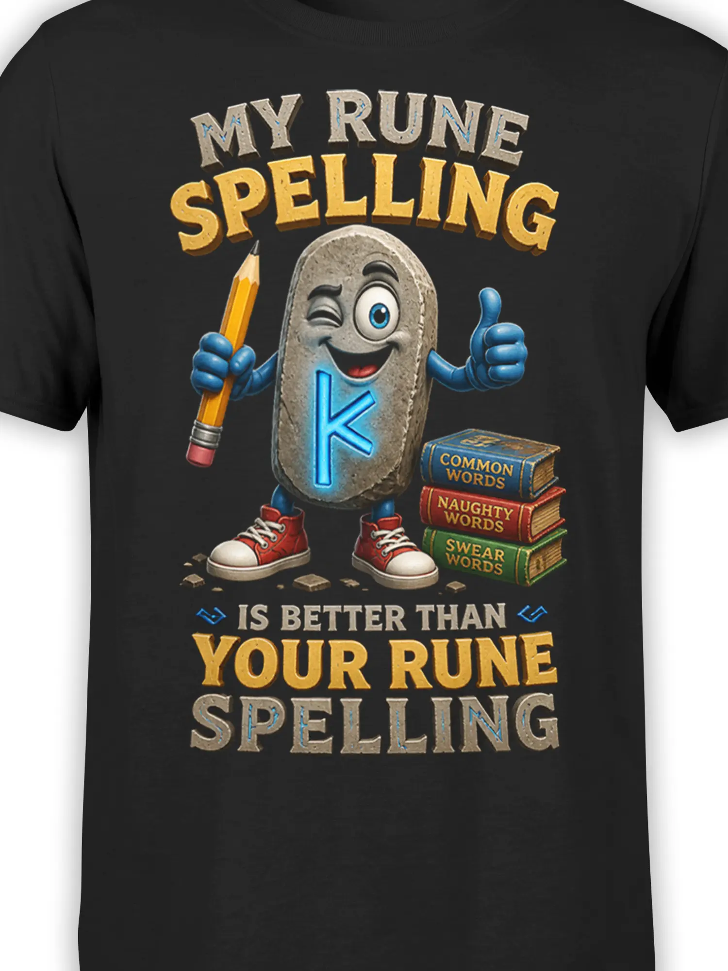 Close-up of the stone rune character, blue symbol, pencil, books, and vintage lettering on a black fantasy tee