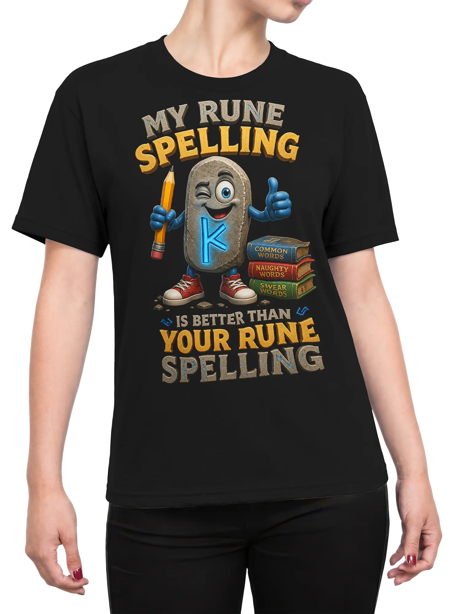 Female torso wearing a black fantasy T-shirt with a stone rune character and colorful book graphic
