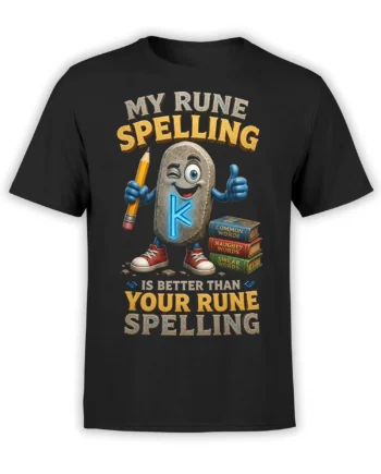 Black fantasy T-shirt with a stone rune character, pencil, colorful books, and a funny rune spelling slogan