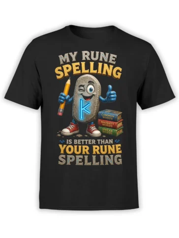 Black fantasy T-shirt with a stone rune character, pencil, colorful books, and a funny rune spelling slogan