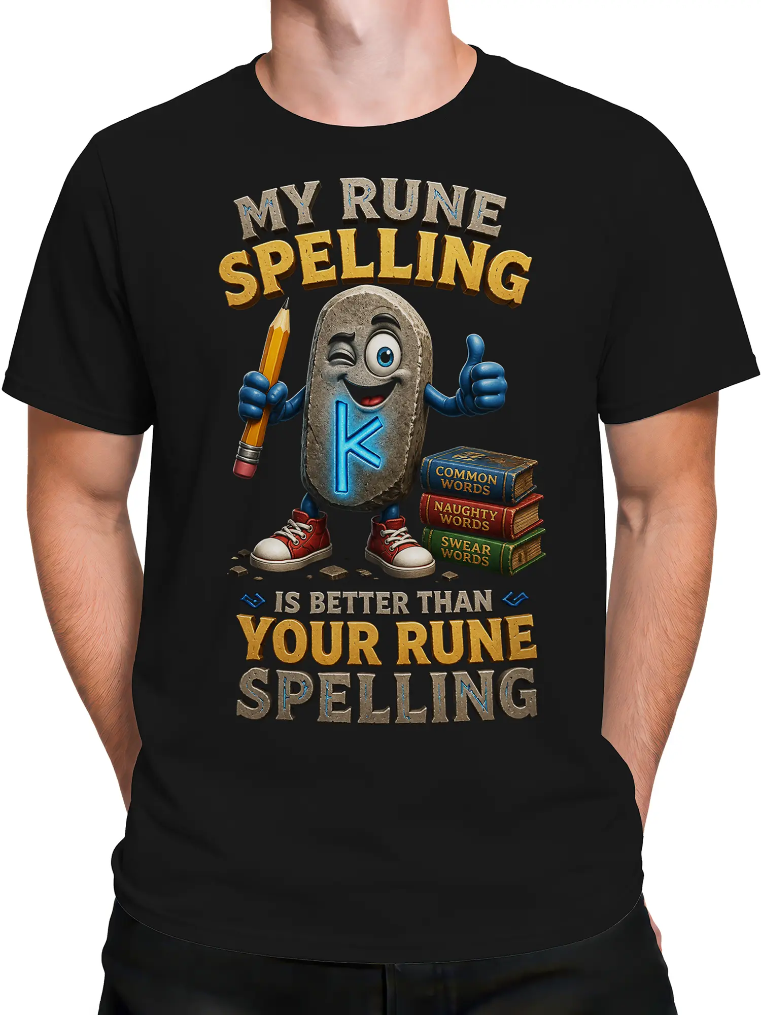 Male torso wearing a black rune fantasy T-shirt with a stone character and humorous book design