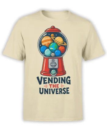 Beige space t-shirt with a retro vending machine filled with colorful planets and “VENDING THE UNIVERSE” text