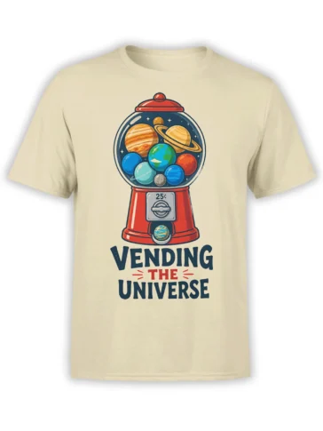 Beige space t-shirt with a retro vending machine filled with colorful planets and “VENDING THE UNIVERSE” text