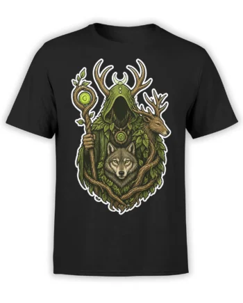 Black T-shirt with a hooded antlered guardian, stag, and wolf in detailed forest artwork