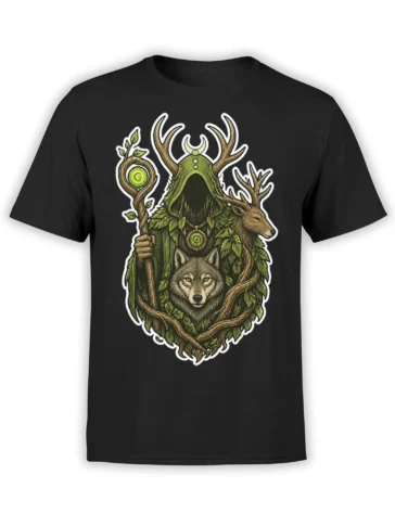 Black T-shirt with a hooded antlered guardian, stag, and wolf in detailed forest artwork