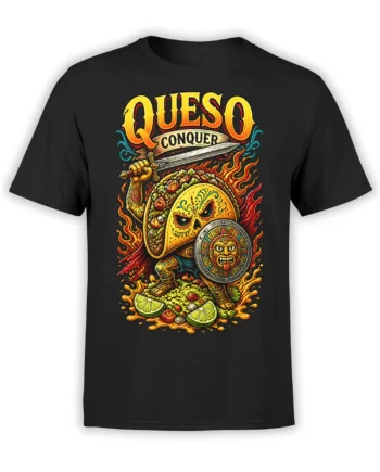 Fiery taco warrior graphic with sword, shield, flames, and QUESO CONQUER text on a black T-shirt