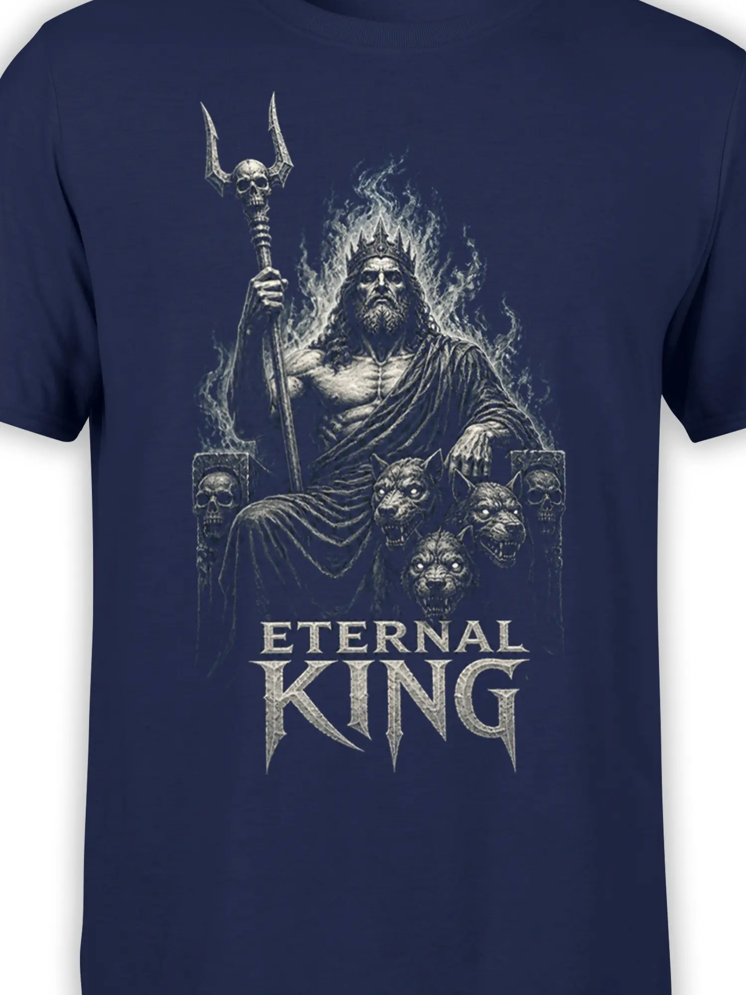 Close-up of the crowned skeletal king, horned skull staff, beast guardians, and Eternal King design on navy fabric