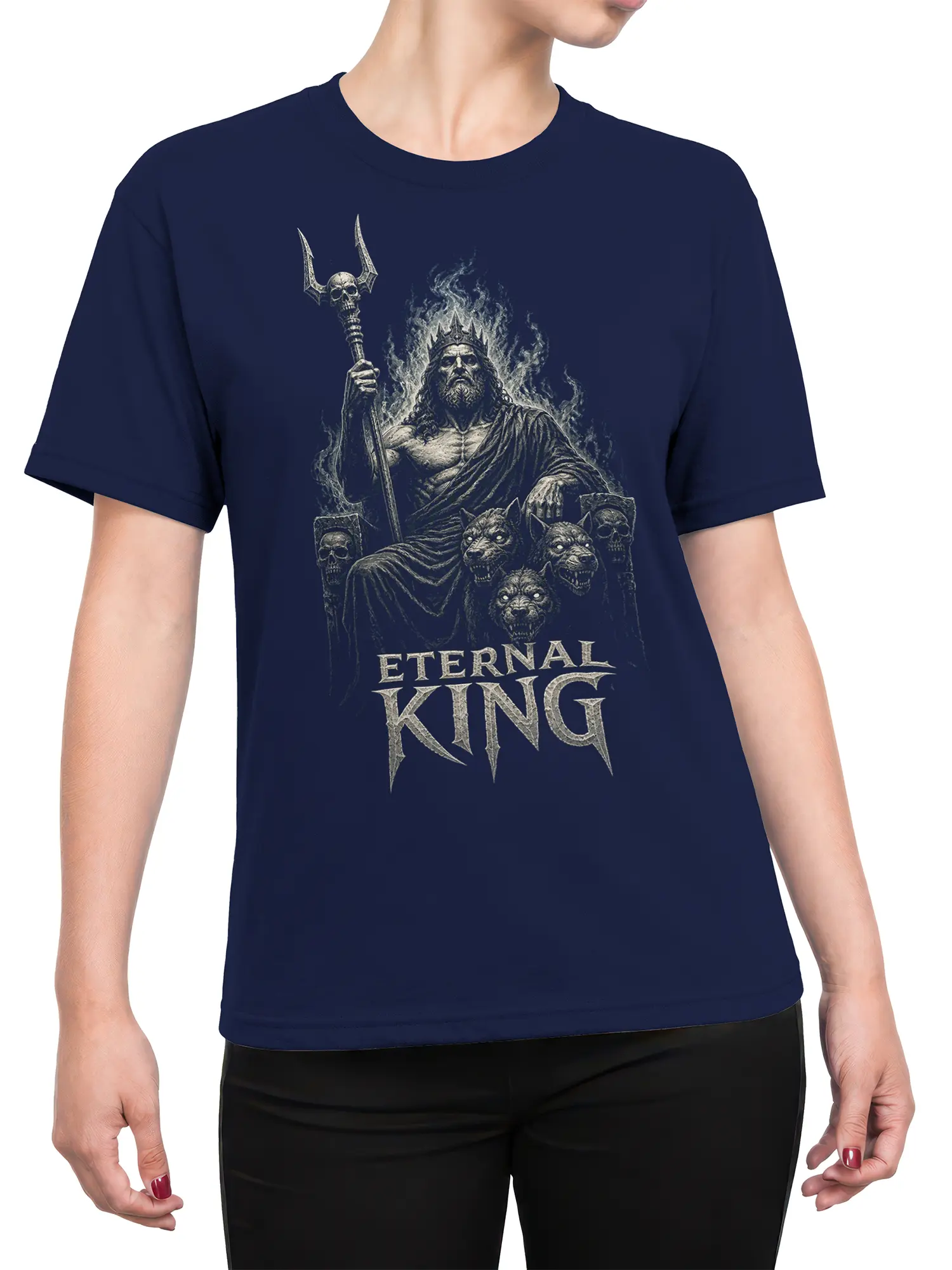 Female torso wearing a navy T-shirt with a crowned skeletal king, beast guardians, and Eternal King fantasy artwork
