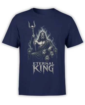 Crowned skeletal king on a throne with beast guardians and Eternal King lettering on a navy fantasy T-shirt