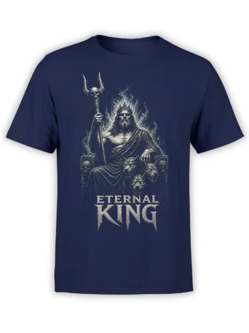 Crowned skeletal king on a throne with beast guardians and Eternal King lettering on a navy fantasy T-shirt