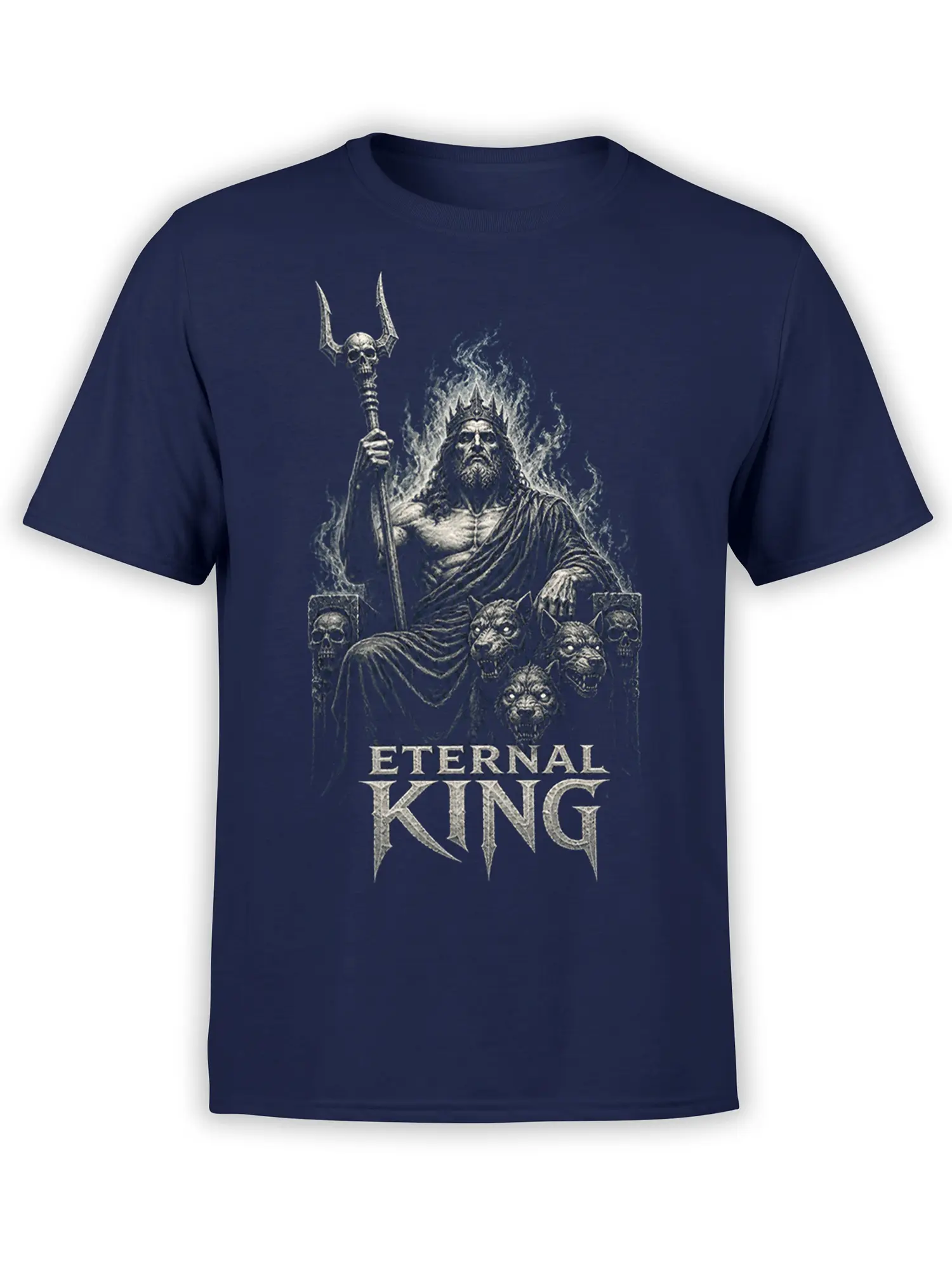 Crowned skeletal king on a throne with beast guardians and Eternal King lettering on a navy fantasy T-shirt