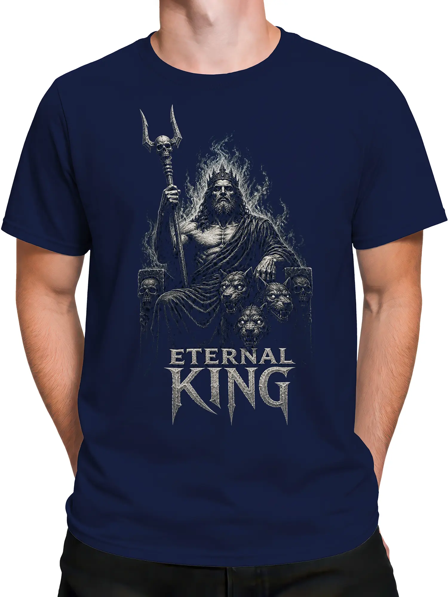 Male torso wearing a navy fantasy T-shirt with a skeletal king, horned staff, and beast guardian artwork