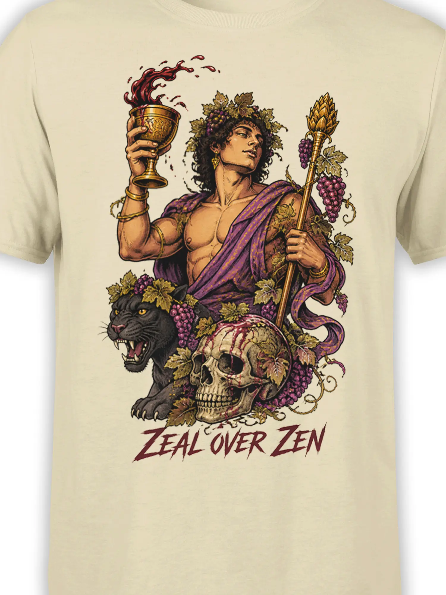 Close-up of beige shirt print showing grapes, golden goblet, black panther, skull, and Zeal Over Zen text