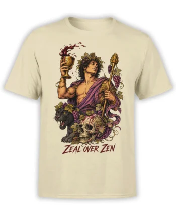 Beige mythology T-shirt with grapes, goblet, black panther, skull, and Zeal Over Zen artwork