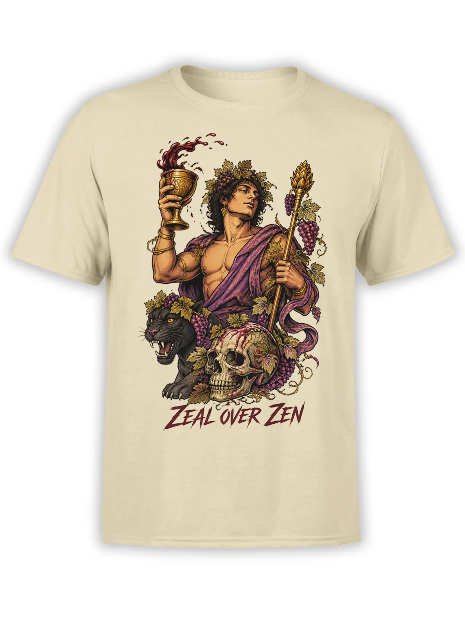 Beige mythology T-shirt with grapes, goblet, black panther, skull, and Zeal Over Zen artwork