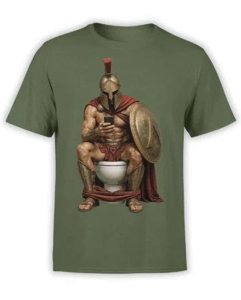 Olive T-shirt with an armored Spartan warrior holding a phone while sitting on a toilet