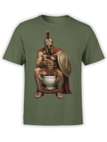 Olive T-shirt with an armored Spartan warrior holding a phone while sitting on a toilet