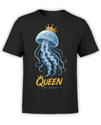 Black jellyfish t-shirt with a crowned blue jellyfish and Queen of Drift lettering