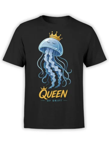 Black jellyfish t-shirt with a crowned blue jellyfish and Queen of Drift lettering