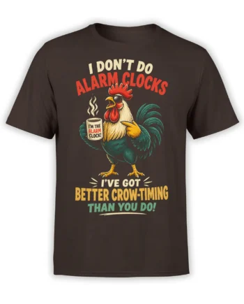 Colorful rooster in sunglasses holds coffee on a dark brown alarm clock humor T-shirt