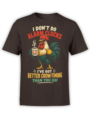 Colorful rooster in sunglasses holds coffee on a dark brown alarm clock humor T-shirt