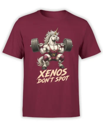 Muscular unicorn lifting a loaded barbell with “XENOS DON’T SPOT” graphic on a maroon T-shirt