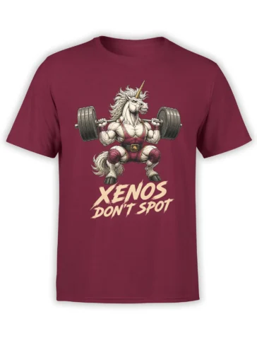 Muscular unicorn lifting a loaded barbell with “XENOS DON’T SPOT” graphic on a maroon T-shirt