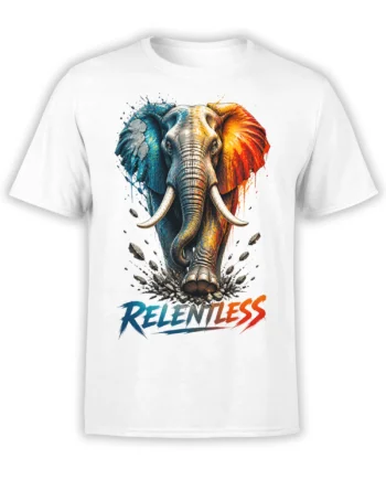 White T-shirt with a powerful elephant, colorful brushstrokes, flying rocks, and RELENTLESS text