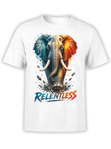 White T-shirt with a powerful elephant, colorful brushstrokes, flying rocks, and RELENTLESS text