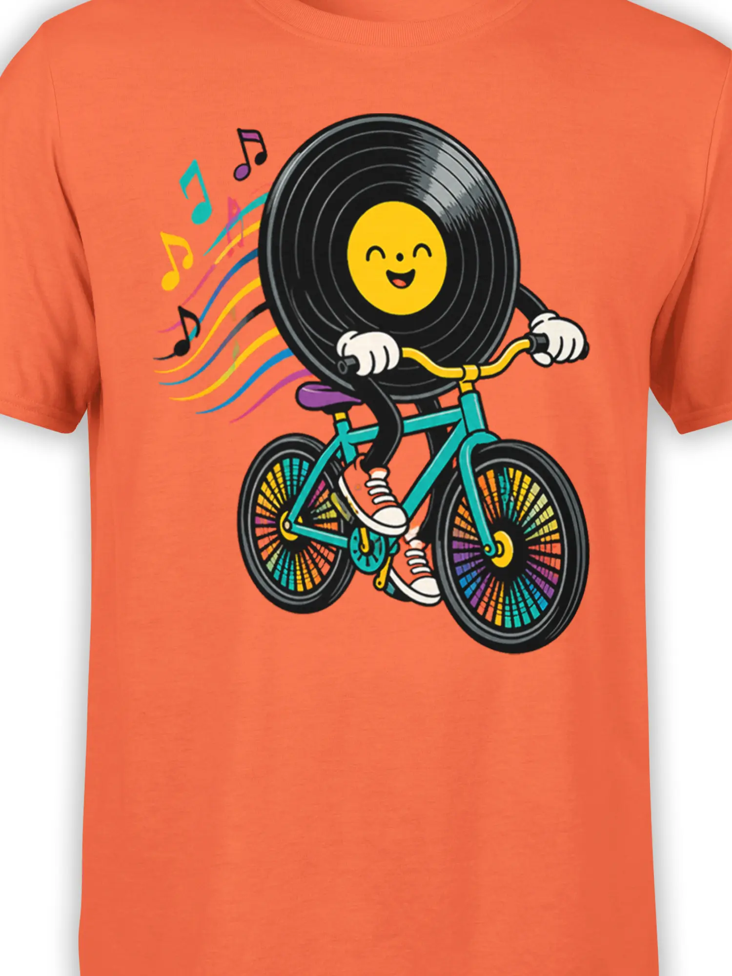 Close-up of smiling vinyl record cyclist design with colorful wheels and music notes on an orange shirt