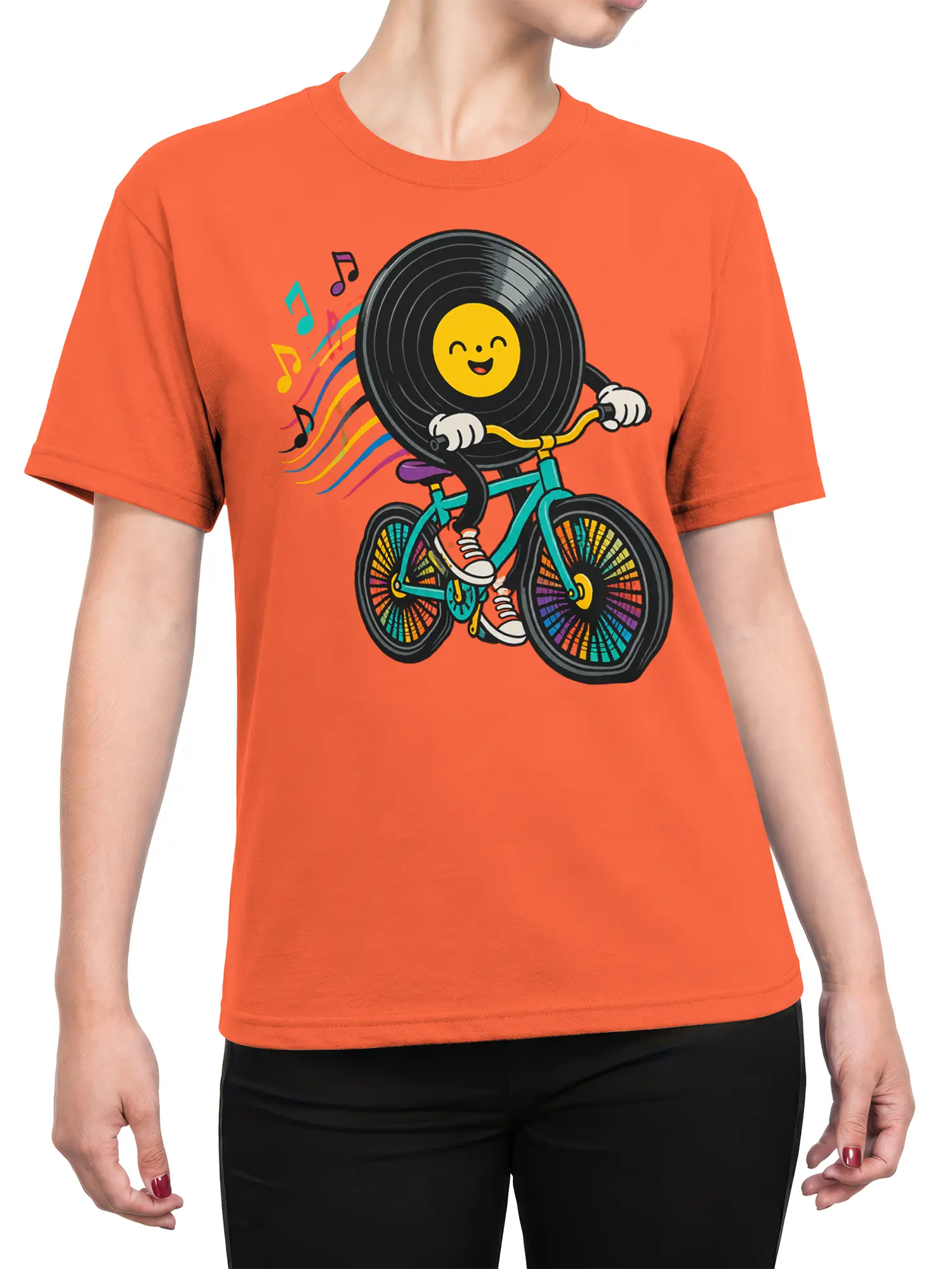 Female torso wearing an orange vinyl record bicycle T-shirt with colorful music notes and a cheerful retro design
