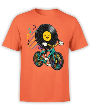 Orange T-shirt with a smiling vinyl record character riding a turquoise bicycle among colorful music notes