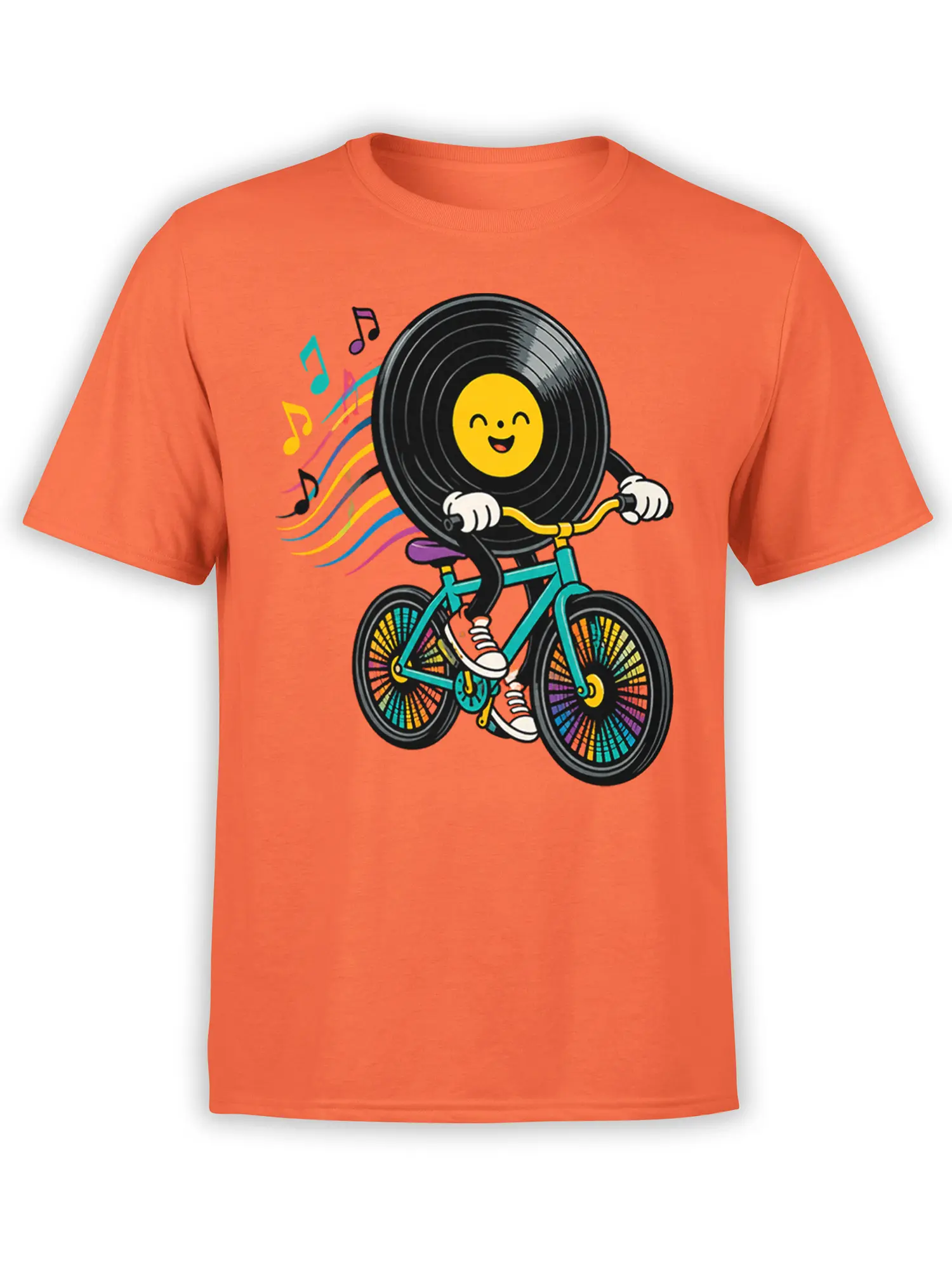 Orange T-shirt with a smiling vinyl record character riding a turquoise bicycle among colorful music notes