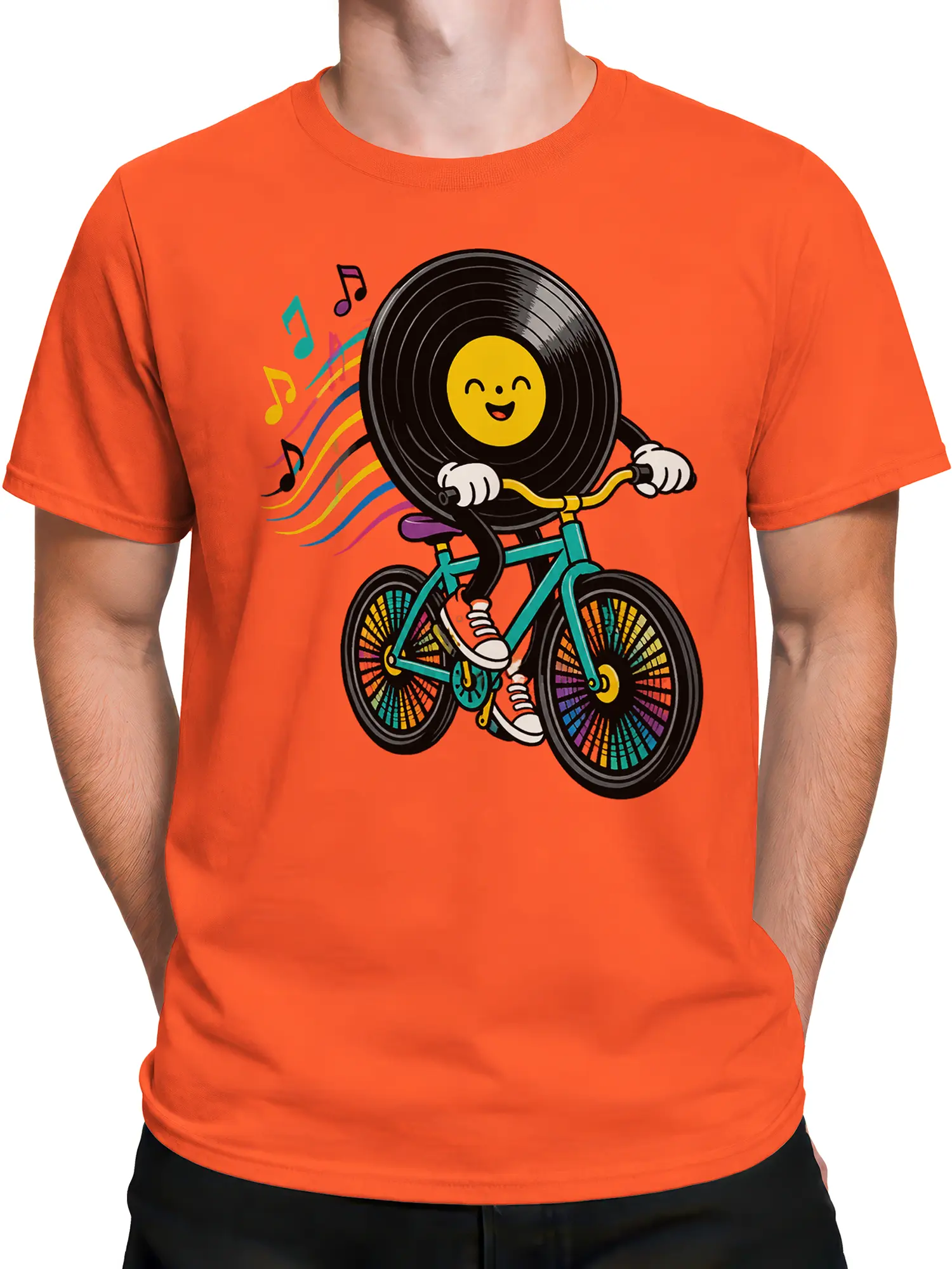 Male torso wearing an orange vinyl record bicycle T-shirt with a colorful retro music graphic