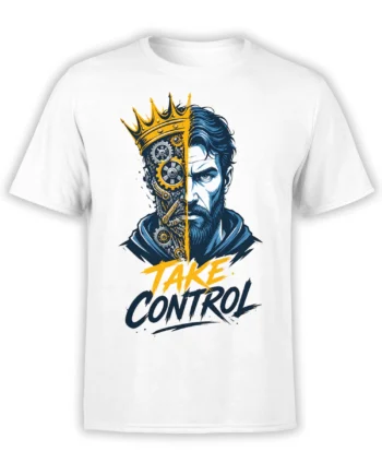 White motivational T-shirt with crowned bearded man, mechanical gears, and TAKE CONTROL graphic