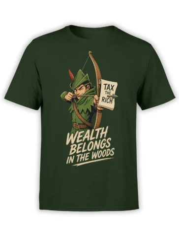 Dark green fantasy archer T-shirt with bow, parchment scroll, and “Tax the Rich” woodland slogan