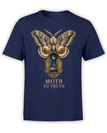 Vintage moth graphic with a moonlit keyhole and MOTH TO TRUTH text on a navy T-shirt