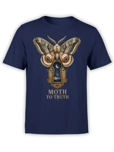 Vintage moth graphic with a moonlit keyhole and MOTH TO TRUTH text on a navy T-shirt