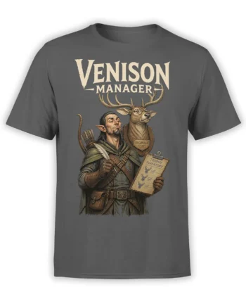 Gray T-shirt with fantasy elf hunter, antlered deer, Venison Manager text, and trophy inventory artwork