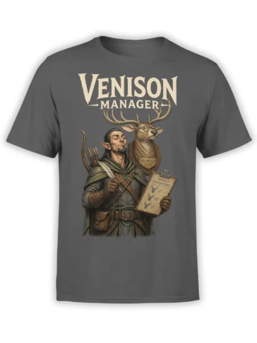 Gray T-shirt with fantasy elf hunter, antlered deer, Venison Manager text, and trophy inventory artwork