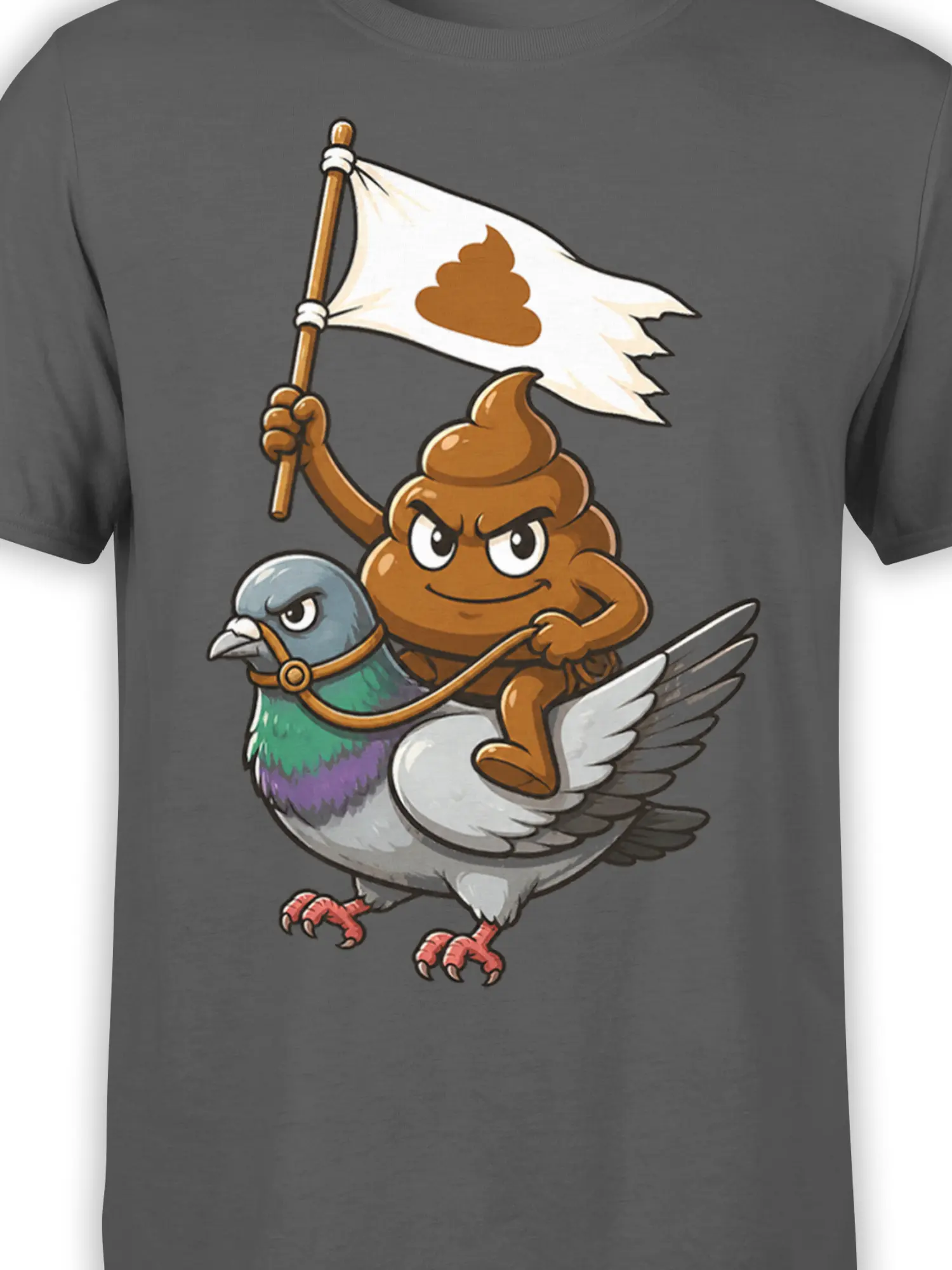 Close-up of the poop warrior and pigeon graphic with colorful feathers and a torn white flag