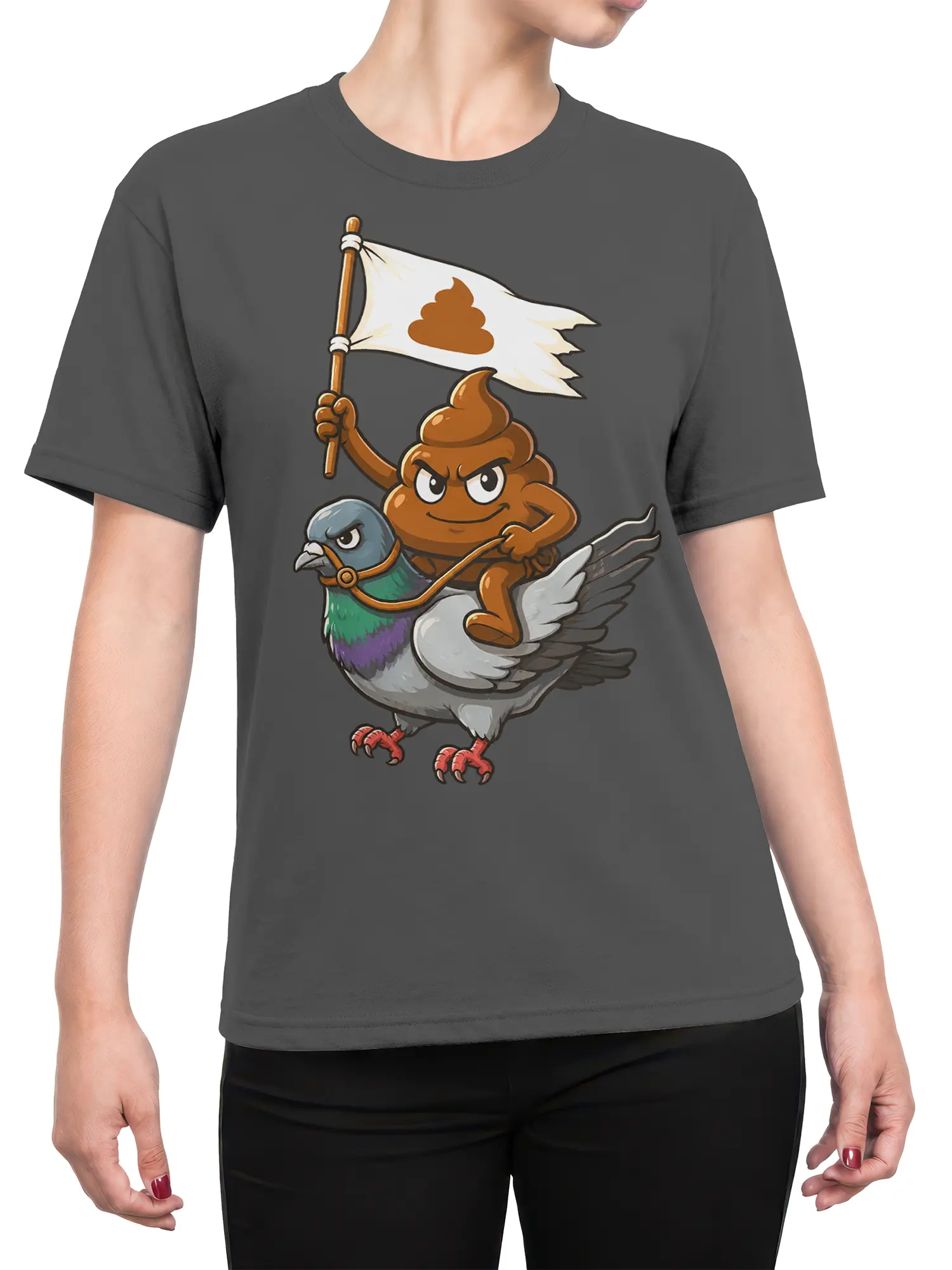 Female torso wearing a dark gray T-shirt with a cartoon poop warrior riding a pigeon