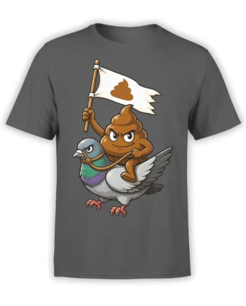 Cartoon poop warrior riding a gray pigeon with a white flag on a dark gray T-shirt