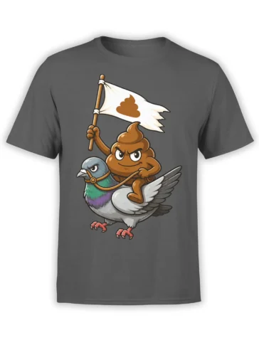 Cartoon poop warrior riding a gray pigeon with a white flag on a dark gray T-shirt