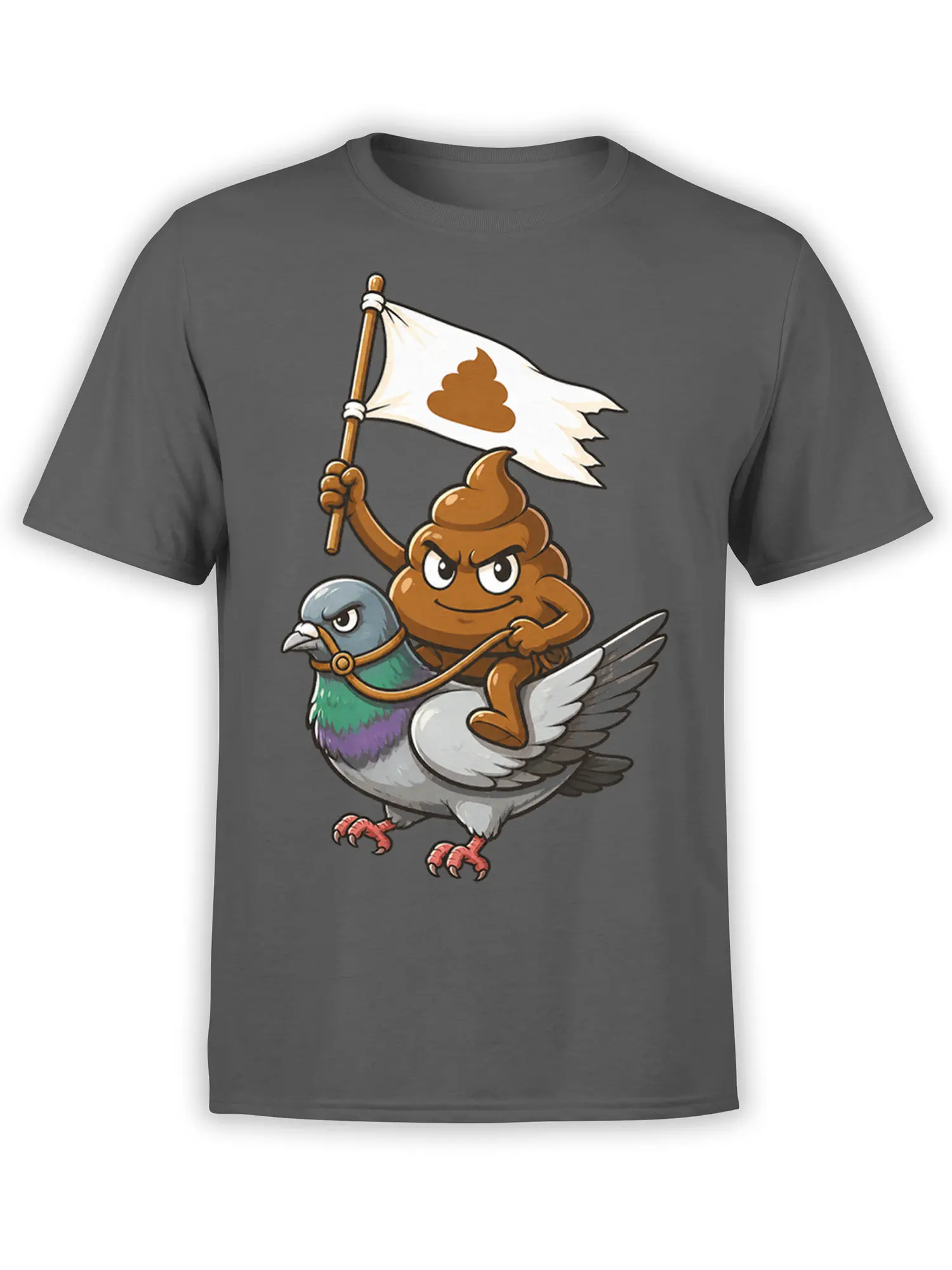 Cartoon poop warrior riding a gray pigeon with a white flag on a dark gray T-shirt
