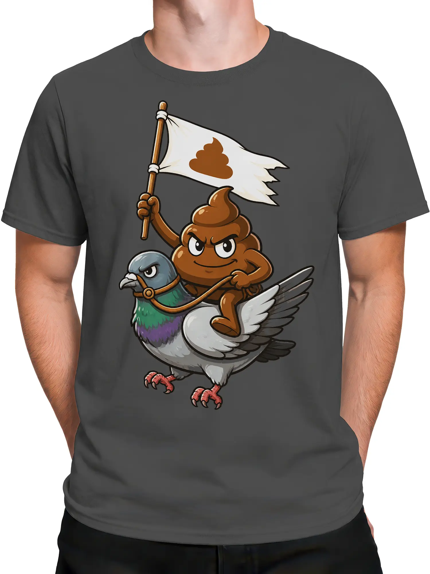 Male torso wearing a dark gray T-shirt with a pigeon-riding poop warrior graphic