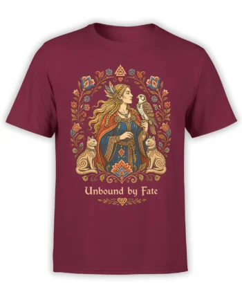 Maroon fantasy T-shirt with a woman, falcon, two cats, floral details, and “Unbound by Fate” lettering