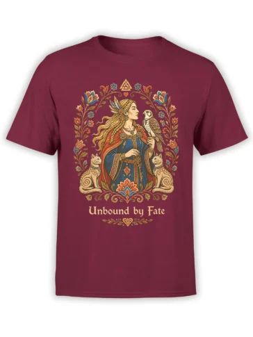Maroon fantasy T-shirt with a woman, falcon, two cats, floral details, and “Unbound by Fate” lettering