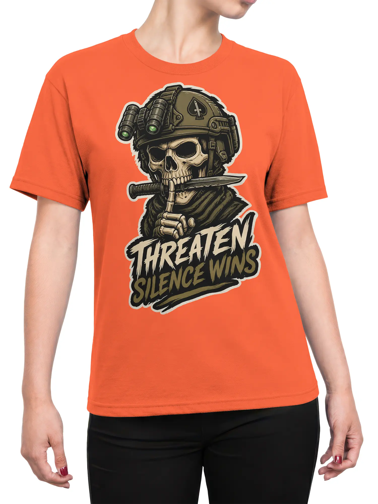 Female torso wearing an orange military T-shirt with skull soldier artwork, binoculars, blade, and Threaten Silence Wins text